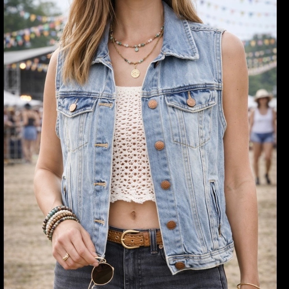 H&M Divided Womens Light Wash Denim Vest Blue Cotton Button Up Size 6 slim‎